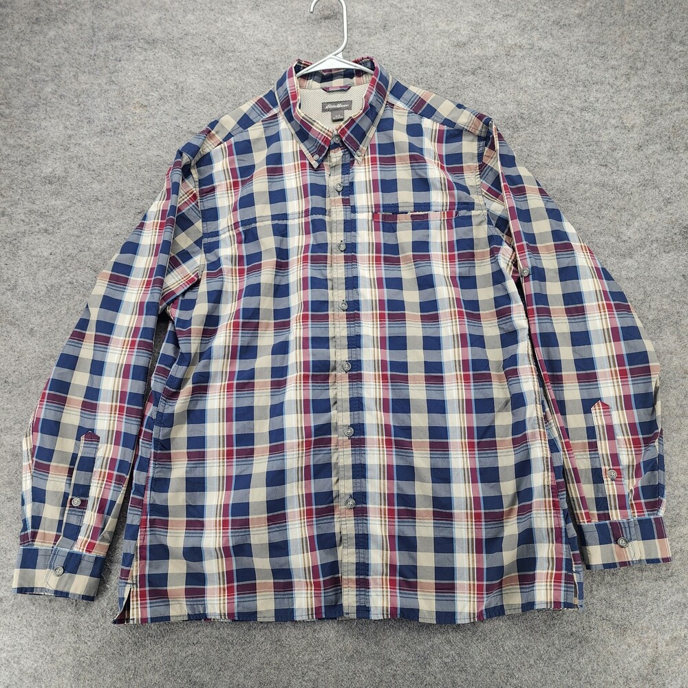 Eddie Bauer Shirt Mens Large Button Down Blue Plaid Performance Roll Tab